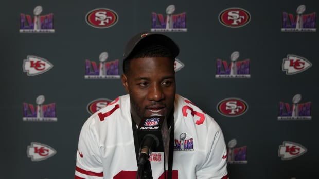 Feb 8, 2024; Las Vegas, NV, USA; San Francisco 49ers safety Tashaun Gipson Sr. (31) is interviewed during a press conference before Super Bowl LVIII at Hilton Lake Las Vegas Resort and Spa. Mandatory Credit: Kyle Terada-USA TODAY Sports  